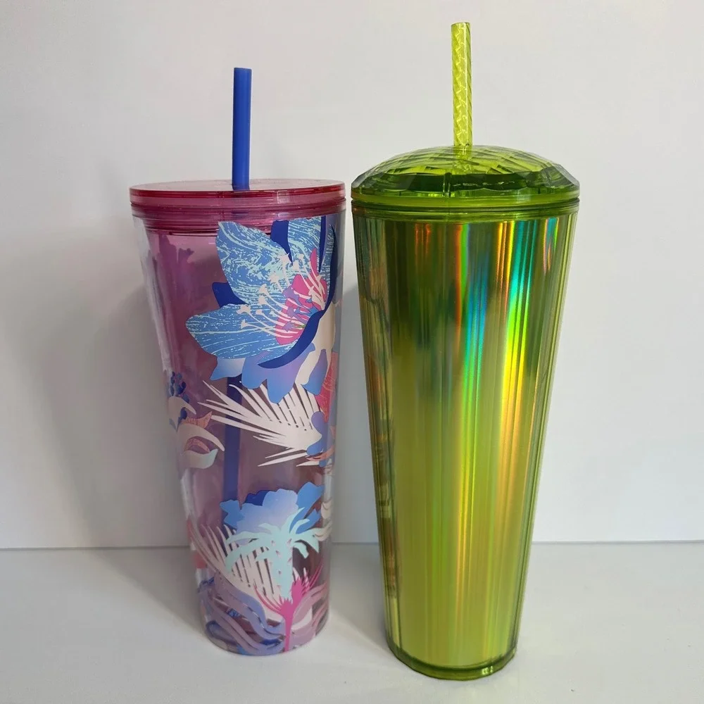 Starbucks Tumbler Set 24oz Floral Purple & Iridescent Lime Green Excellent Venti
